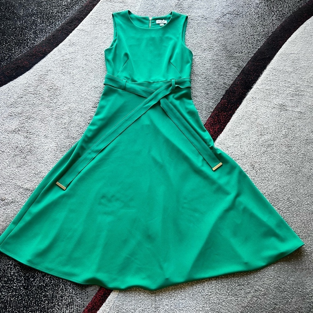 Calvin Klein Green Belted A Line Sheath Dress